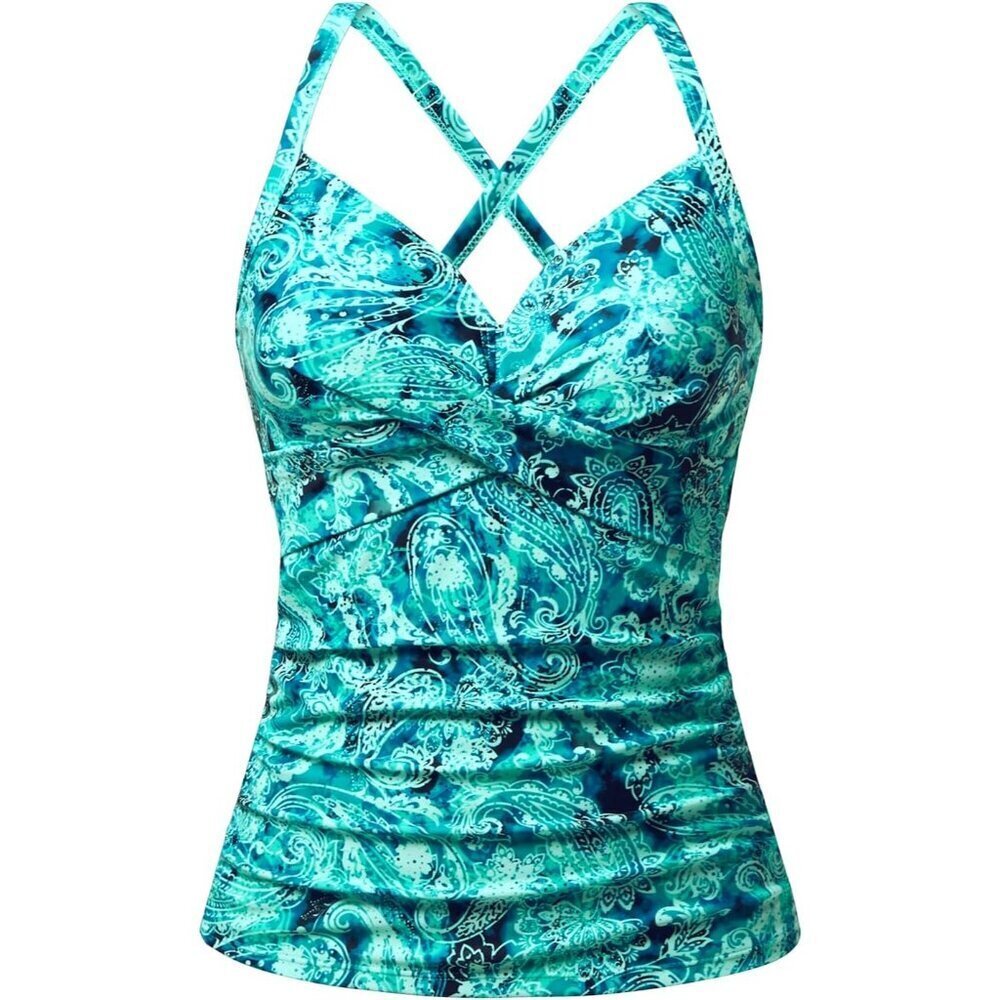 Women Tankini Bathing Suit Top V-Neck Twist Front Ruched Tummy Control